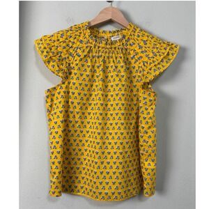 J.Crew Yellow Floral Block Print Flutter Sleeve Smocked‎ Top CA402 Size M